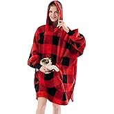 Krifey Wearable Blanket Hoodie, Oversized Sherpa Fleece Sweatshirt with Giant Pocket, Birthday Gifts for Women, Mom, Sister, KRF003-Red plaid