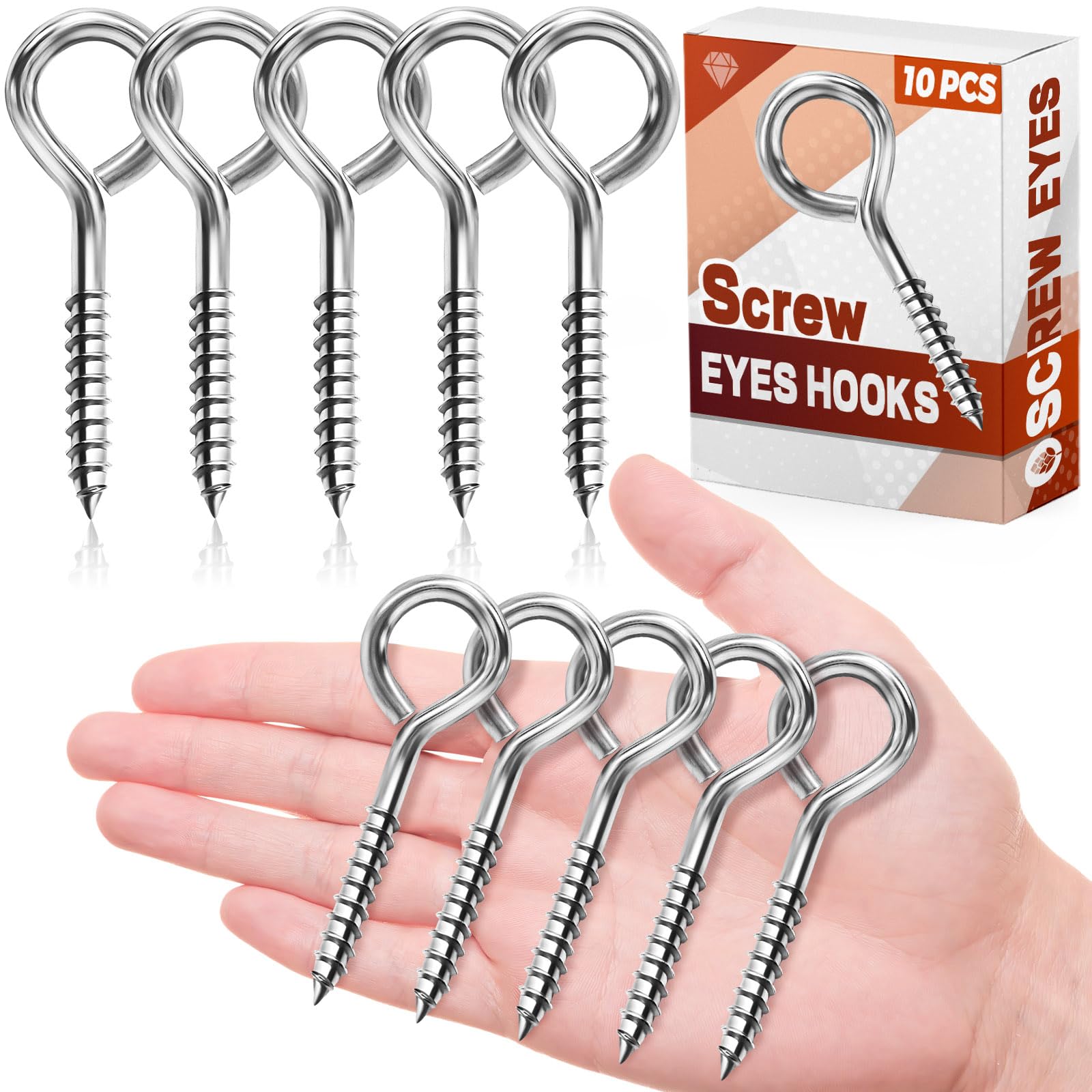 FFWHKON 10 Pcs Eye Hooks Screw, 2.5 Inches Stainless Steel Heavy Duty Eye Bolts Screw in, Rust and Corrosion Resistant, Safe for Indoor and Outdoor Use, 200 Lbs Capacity