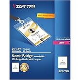 Customizable Name Badges Insert and Holder,2-1/4x3-1/2 Inch Vertical,White Printable Name Tag Insert Refills for Name Tag Holder,Laser/Inkjet Printable,100 Badges Insert and 100 Badges Holder