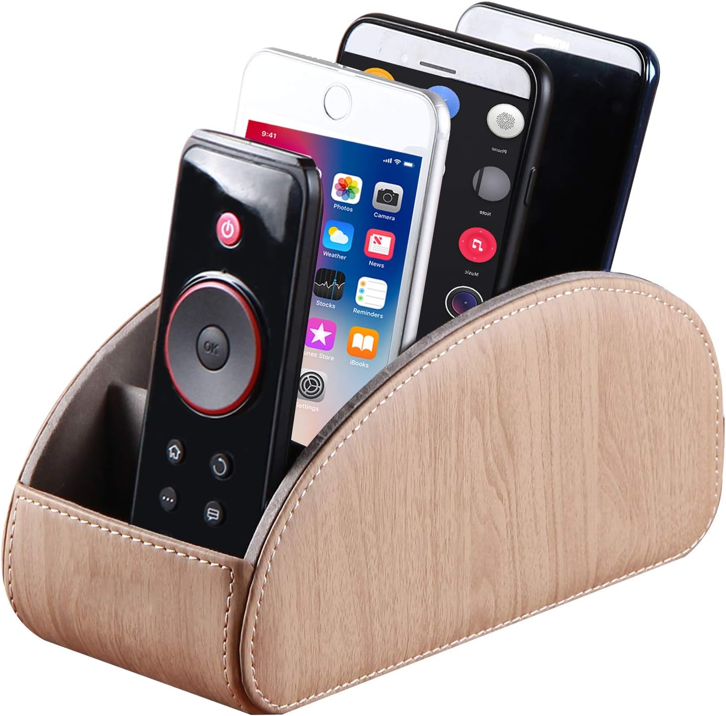 All In One Leather Tv Remote Control Holder With 5 Compartments Nightstand Desktop Dvd Media Player Remote Caddy Storage Box Organizer Tray For Makeup Brush Pen Stationary Table Controllers Amazon Co Uk Office Products