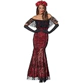 Spirit Halloween Adult La Catrina Day of the Dead Trumpet Dress Costume | Black and Red Lace Dress | Easy Costume