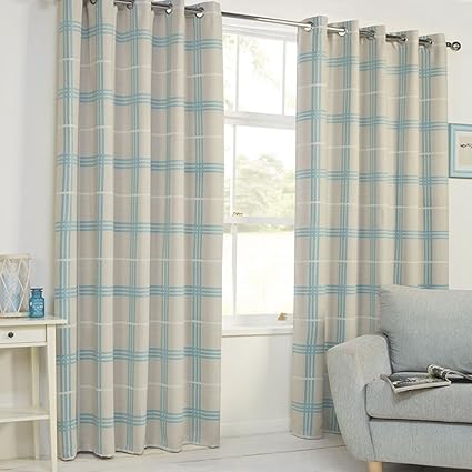 Denver Check Stripe Thermal Blackout Ring Top Curtains Duck Egg