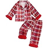 Qiylii Toddler Baby Girl Christmas Satin Pajamas Feather Trim Button-Up Plaid Pjs 2 Piece Long Silk Christmas Pajama