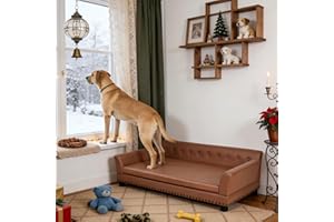 BingoPaw Large Leather Dog Sofa: Indoor Doggy Couch Made by Scratching Resistant Microfiber Leather - Raised Doggie Lounge Bed Breathable for Giant Breed Dogs up to 120lbs