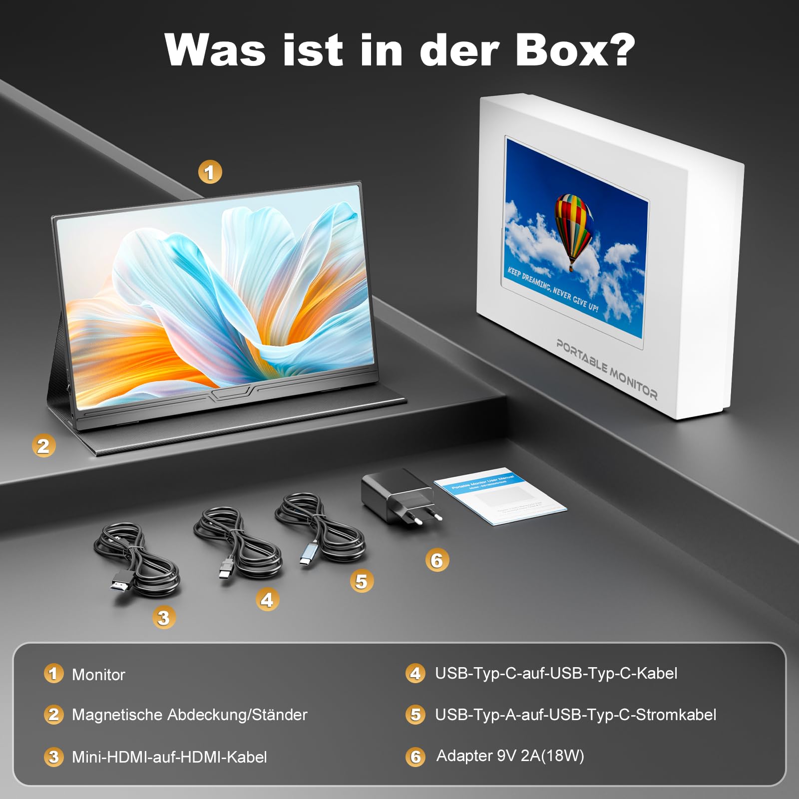 15.6 Inch Portable Monitor 2.5K - QHD 2560x1440 IPS, 500 Nits, 150% sRGB, HDR, USB-C/HDMI, Eye-friendly, Second Screen for Mac, Laptop, Mobile Phone, PC, PS5, Xbox with Smart Case