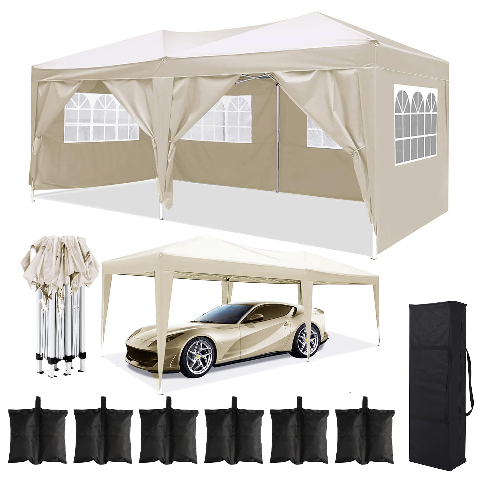 Photo 1 of 10x20 Pop Up Canopy Tent with 6 Removable Sidewalls Commercial Heavy Duty Canopy All Weather Waterproof Outdoor Canopy Wedding Tents for Parties Gazebo with Carry Bag and 6 Sandbags Beige