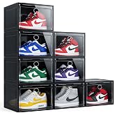 Large Shoe Boxes Clear Plastic Stackable 8-Pack, Drop Side Shoe Organizers | Sneaker Storage Display Cases with Magnetic Door, Shoe Container Fits up to US Size 13, for Closet Organization Black
