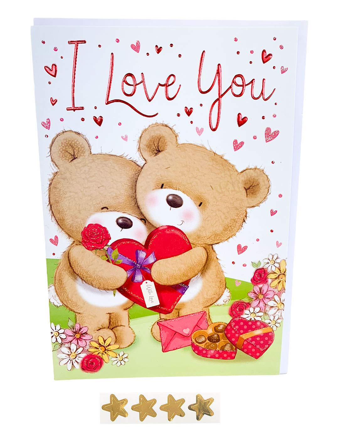 Valentines Day Card for Him Her with Envelope Star Stickers Seal Romantic Words Verse I Love You Cute Bears Heart Foil Glitter Design