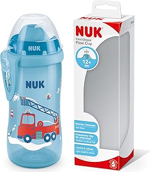NUK Flexi Cup Trinklernbecher für Kleinkinder | 12+ Monate | 300 ml | Auslaufsicherer, weicher Trinkhalm | Clip & Schutzkappe | BPA-frei | Blau