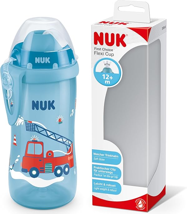 NUK Flexi Cup Trinklernbecher für Kleinkinder | 12+ Monate | 300 ml | Auslaufsicherer, weicher Trinkhalm | Clip & Schutzkappe | BPA-frei | Blau