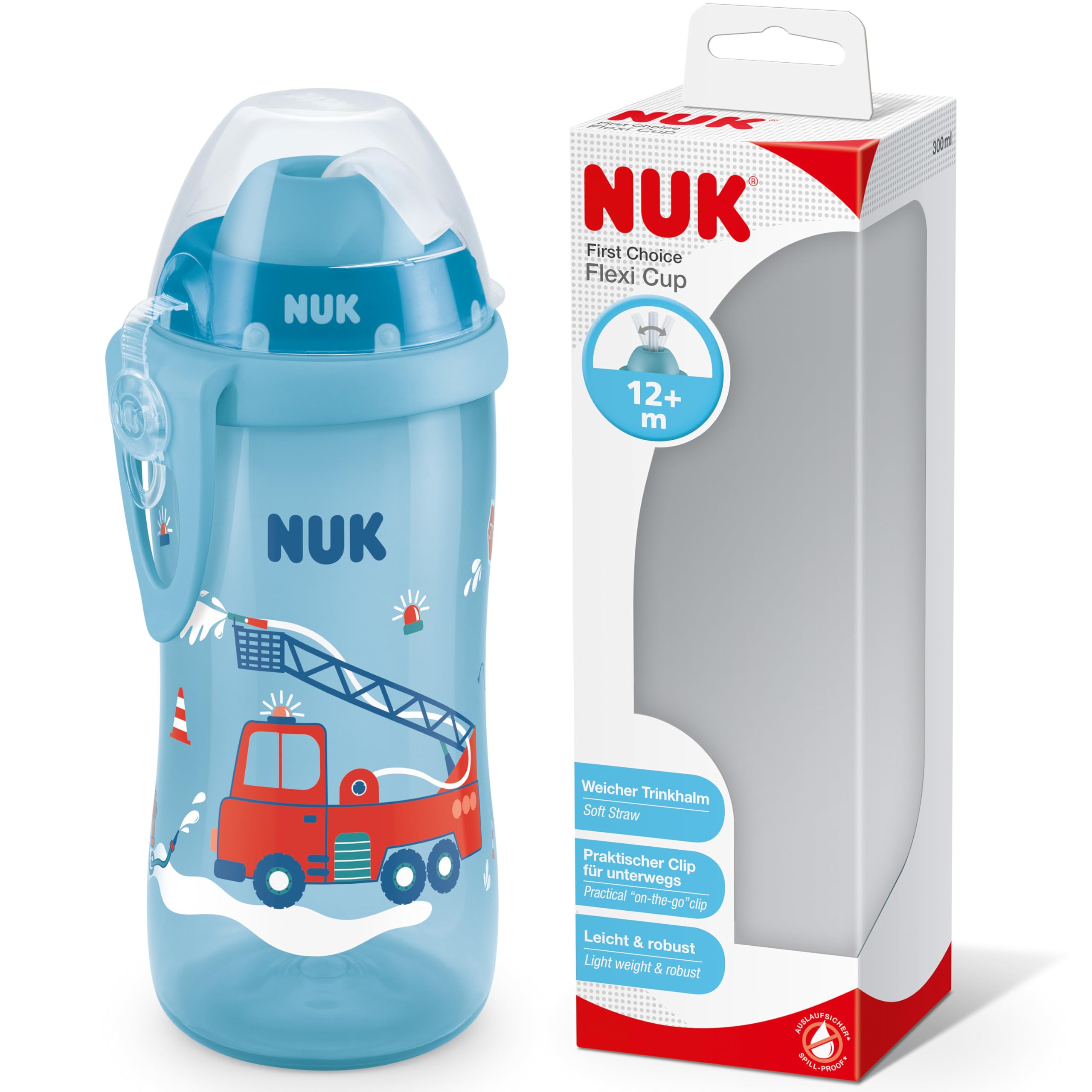 NUK Flexi Cup Trinklernbecher für Kleinkinder | 12+ Monate | 300 ml | Auslaufsicherer, weicher Trinkhalm | Clip & Schutzkappe | BPA-frei | Blau