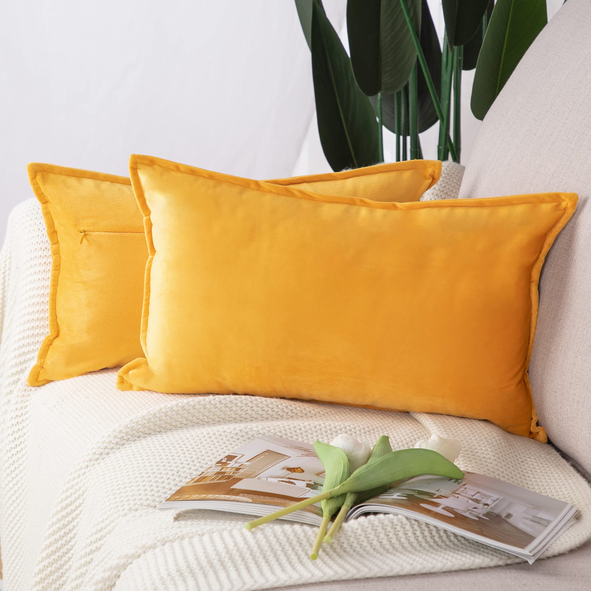 Madizz Pack of 2 Super Soft Velvet Decorative Cushion Covers with Fringe Luxury Style Cushion Case Pillow Shell for Sofa Bedroom Yellow 12x20 inch, 30x50 cm Rectangular