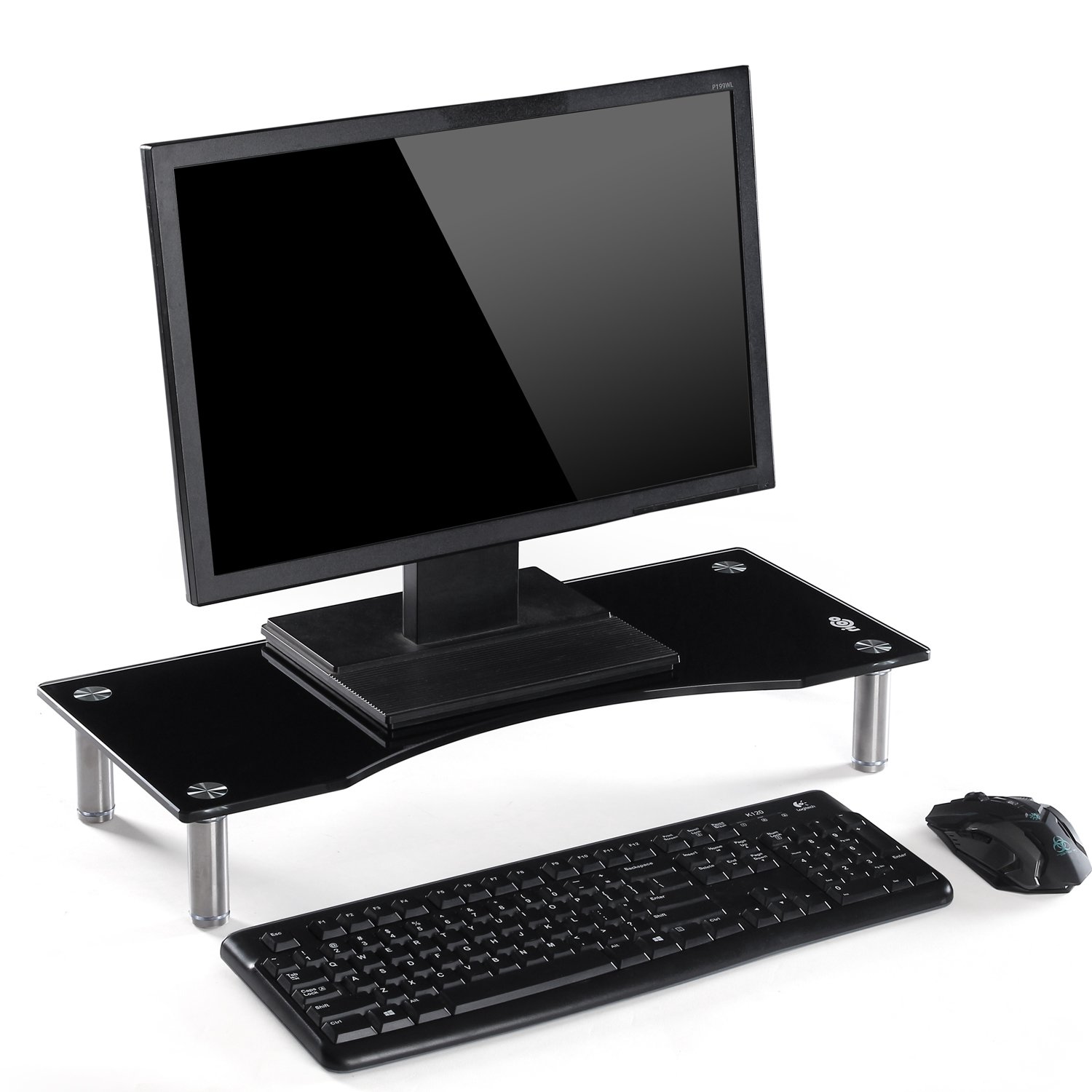 Ttap Black Glass Monitor Riser / Laptop & Computer TV Screen Stand / Height Adjustable 56cm L x 24cm D x 9cm H (Black)