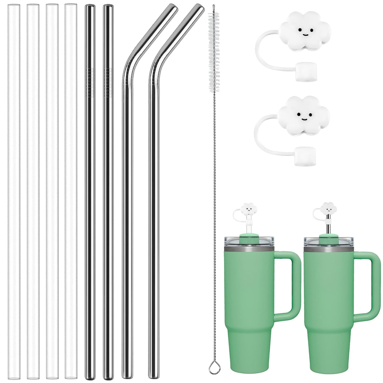 BOZILY 8 Pack Plastic & Stainless Steel Replacement Straws for Stanley 40oz Adventure Tumbler, BPA-Free Reusable Straws with Cleaning Brush and 2 Straw Covers for Stanley Cup Accessories