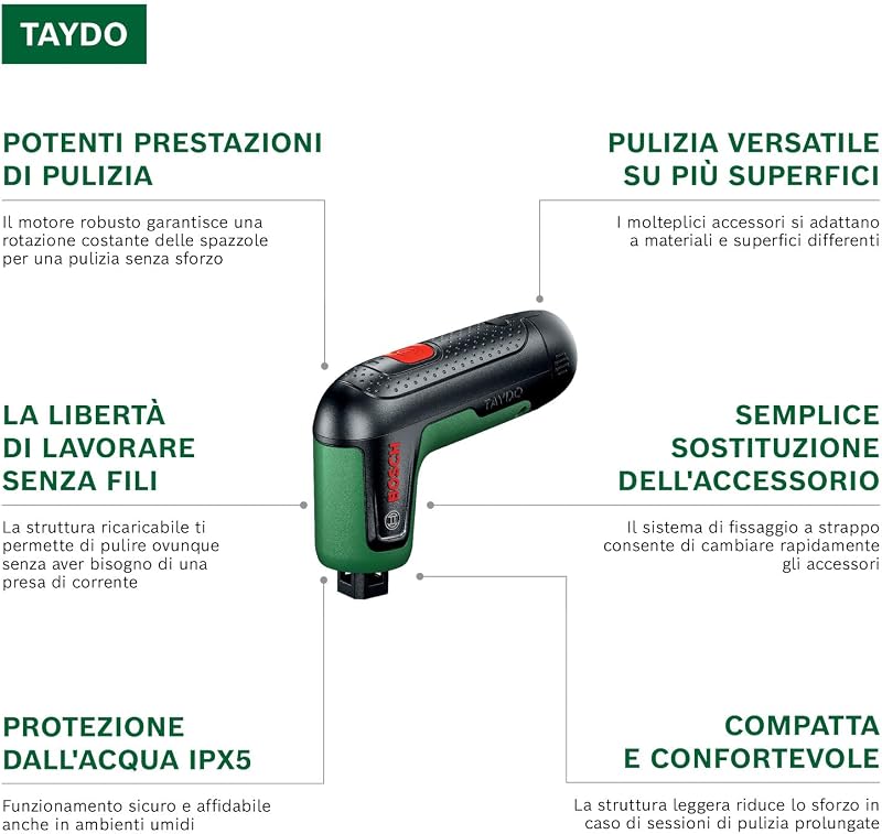 TAYDO (UniversalBrush 4V) Spazzola di pulizia a batteria (incl. kit completo di 12 accessori e borsa morbida, in scatola di cartone)