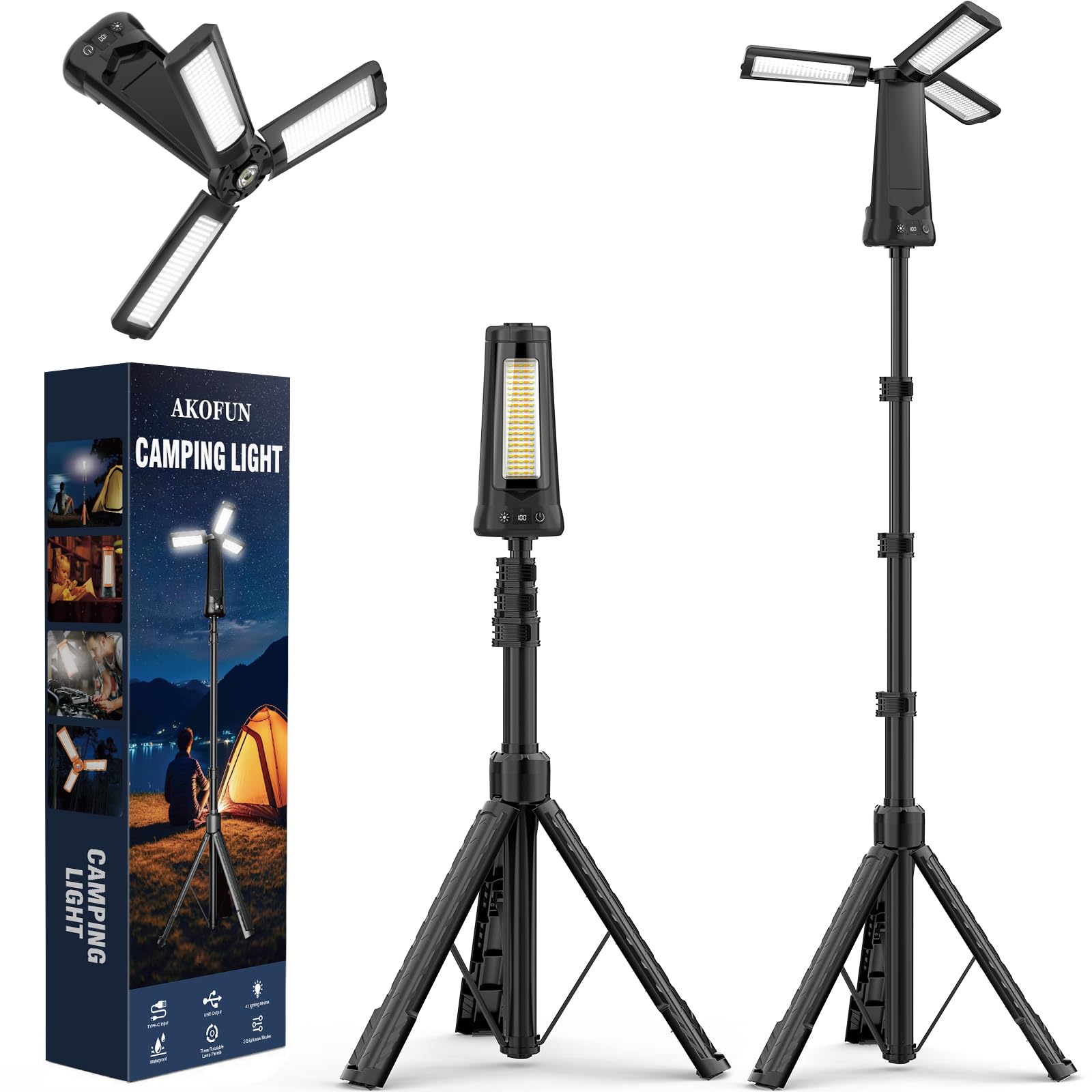 Photo 1 of AKOFUN Rechargeable Camping Light with Stand, 15000 mAh Cordless Work Light with 3 LED Lamp Heads, 5500 Lumens Dimmable Camping Essentials Gear Emergency Flashlight with 86" Detachable Tripod, Black