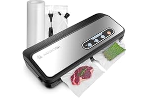 AAOBOSI Vacuum Sealer Machine, Aobosi Powerful 90Kpa 8-IN-1 Food Vacuum Sealer for Dry/Moist Food, Built-in Cutter and Bag Storage, Bag Roll & 5 Pre-cut Bags, Vacuum Hose for Canisters Compact (Silver)