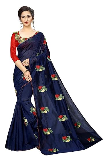 RAJESHWAR FASHION WITH RF Womens Chanderi Cotton Saree With Blouse Piece (NAVY BLUE CHANDERI EMB WORK_Green)