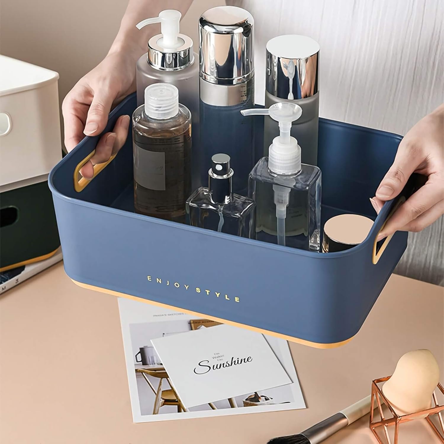 YIVIYAR Organizer Bins Organizers and Storage Makeup Storage Closet Organization Bathroom Organization and Storage Organizing Bins Drawer Organizer Make Up Organizer Box(Blue): Beauty