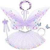 Latocos 5pcs Girls Fairy Wings Costume Kids Toddler Butterfly Wings Wand Tutu Skirt Crown Headband Halloween Dress Up Gift
