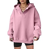 TCHH-DayUp Women's Oversized Fleece Hoodie V-Neck Pullover Long Sleeve Hooded Sweatshirt Pink M
