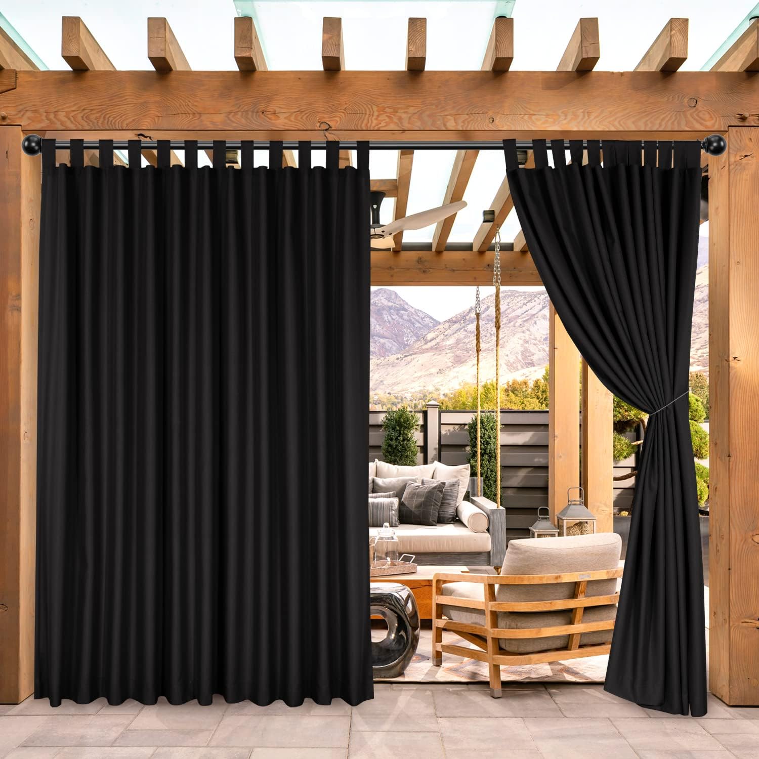 Outdoor Curtains - BONZER Outdoor Waterproof Curtains for Patio, Wide Tab Top Sunlight Blocking Outside Curtains for Porch, Pergola, Gazebo, Cabana, 1 Panel, 100x120 Inch, Black
