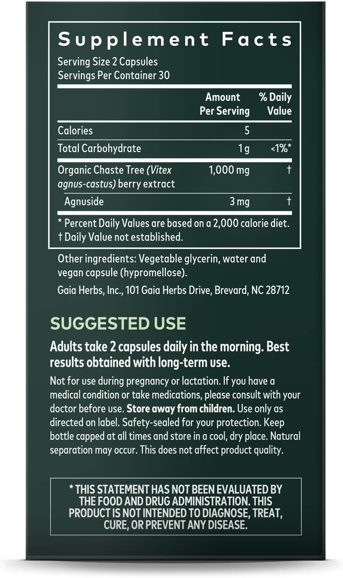 Gaia Herbs Vitex Berry, Chasteberry, Hormone Balance for Women, Vegan Liquid Capsules, 60 Count: Health & Personal Care