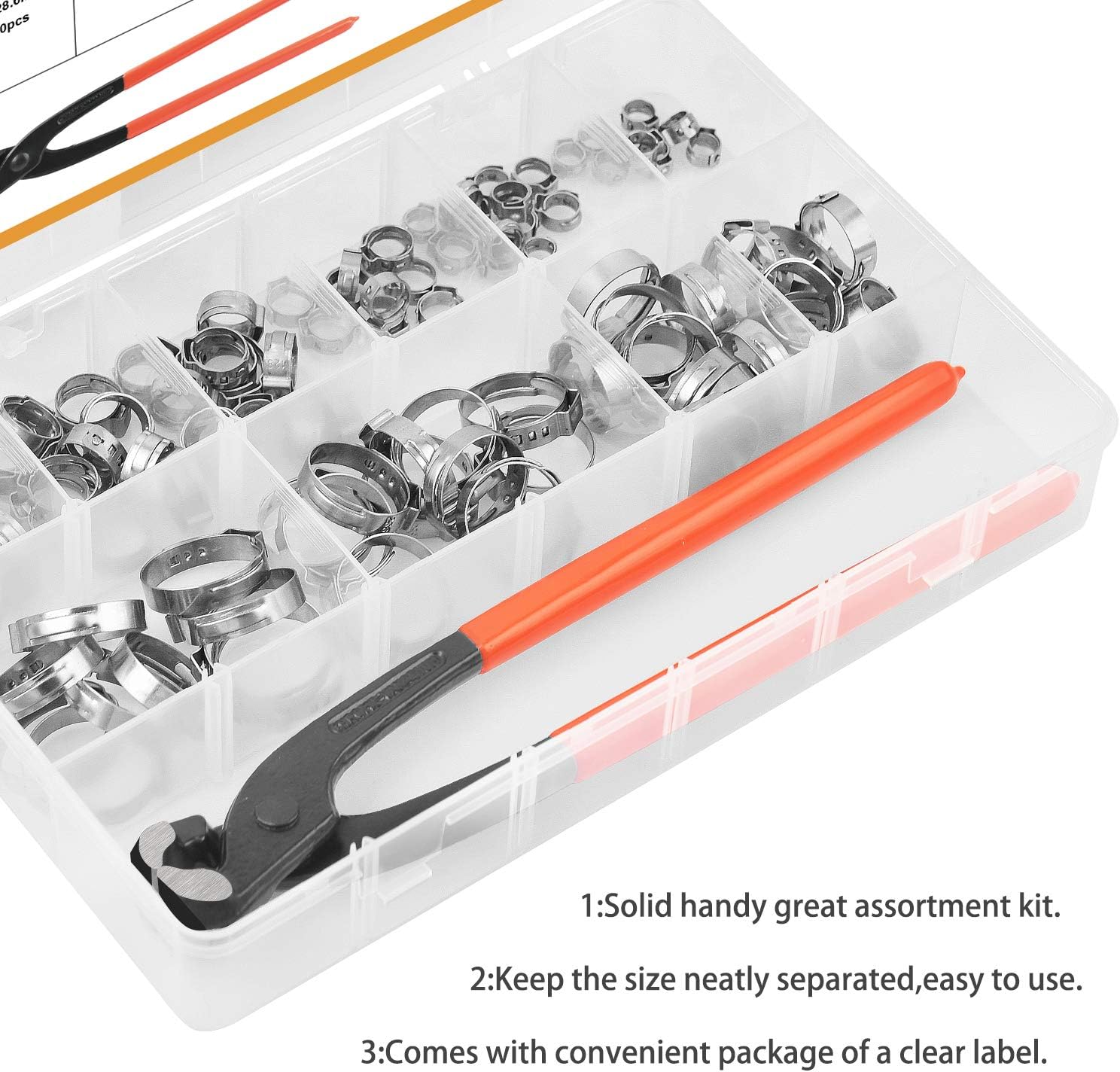 VIGRUE 115Pcs 304 Stainless Steel Single Ear Hose Clamps, 6-28.6mm Stepless Hose Clamps with Ear Clamp Pincer, Cinch Rings Crimp Hose Clamps Assortment Kit for Water Pipe, Plumbing and Automotive Use - - 