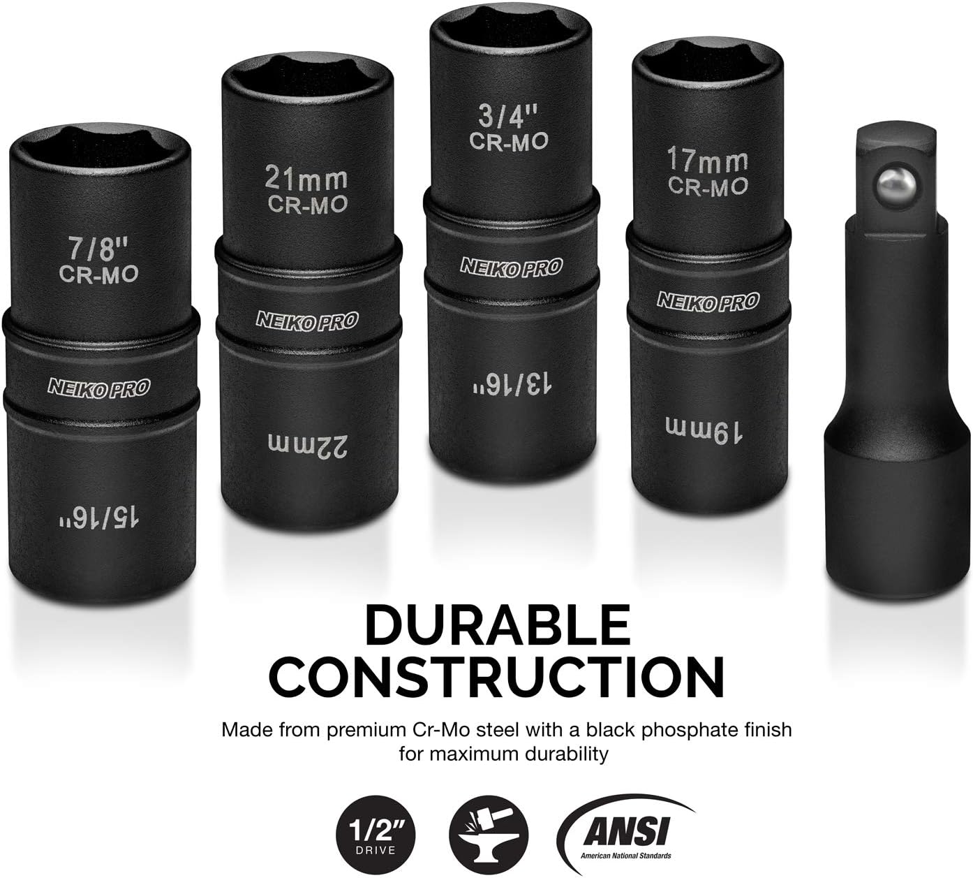 Neiko 02282B 1/2" Drive Impact Flip Socket Set, 5 Piece Thin Wall Set | Standard SAE and Metric Sizes - Includes 3-Inch Extension Bar | Chrome Moly Steel - - 