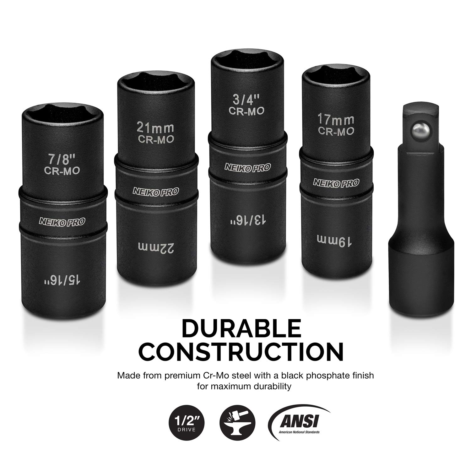 Neiko 02282B Drive Thin Wall Flip Impact Socket Set (5 Piece), 1/2