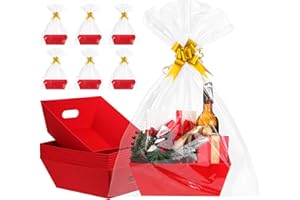 AFOROEOA 10PACK Red Baskets For Gifts Empty, 10x12”Thick Kraft Gift Basket with 10 Bows 10 Bags Empty Gift Baskets for Christmas, Easter, Birthdays, Snacks, Farmers Market