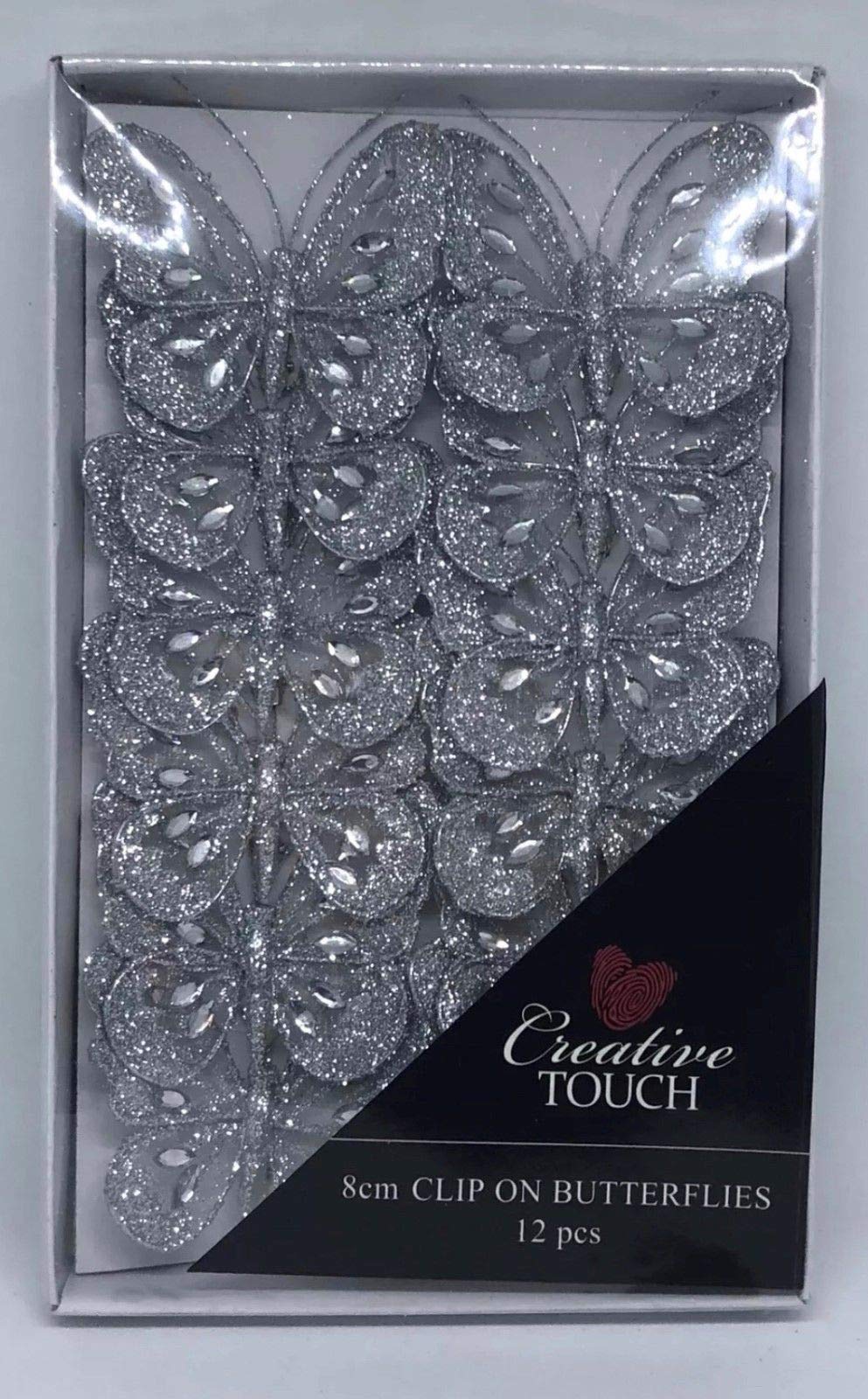 SET OF 12 Silver 8cm Diamante Glitter Mesh Jewelled Butterfly 3D Decorative Butterflies Wedding Home Party Event Craft Embellishment Festive Stylish Xmas Tree Christmas Decoration Curtain Clip On