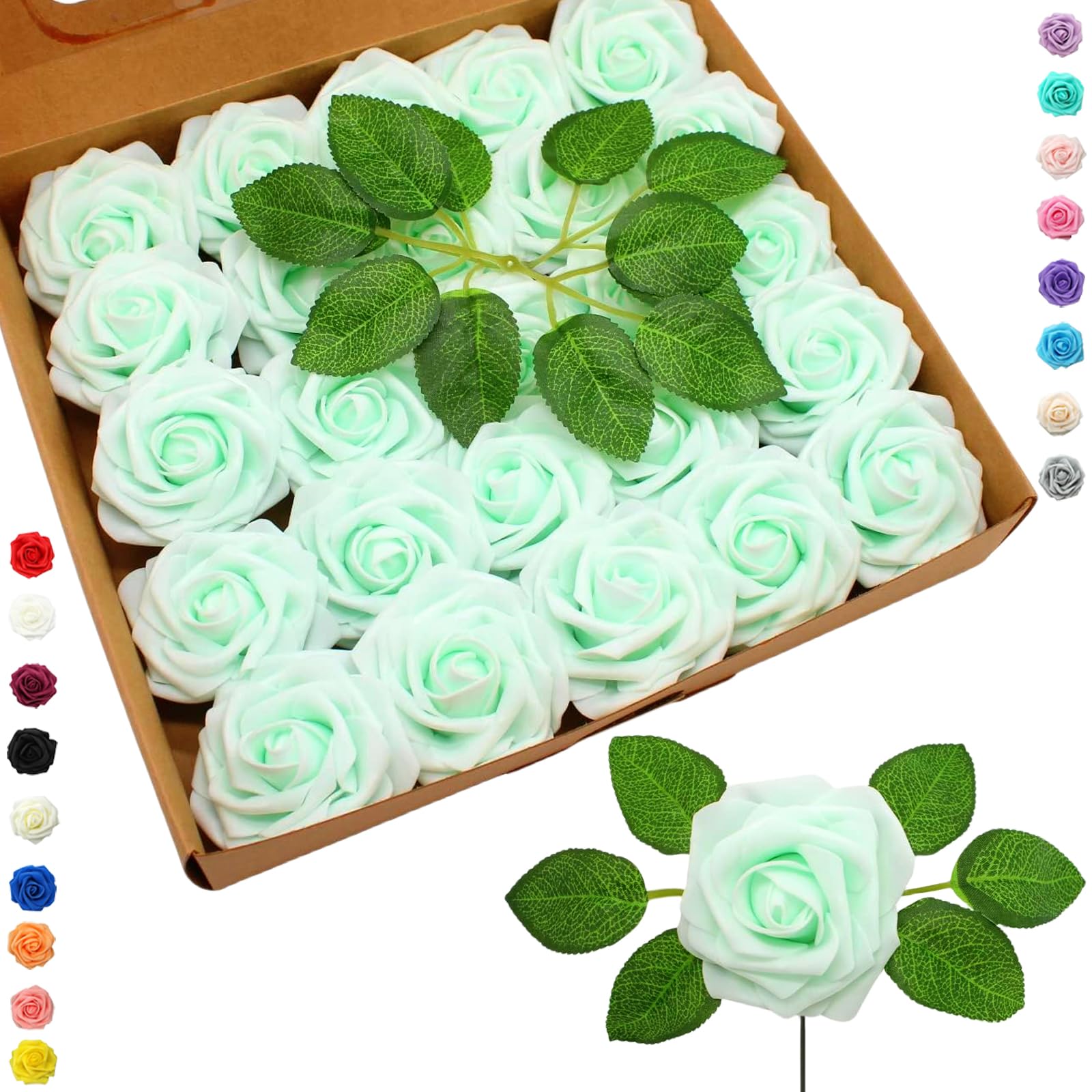 25 x Artificial Flowers Light Green Artificial Roses with Stems for Birthday Wedding Cake Party Garden Crafts Shower Bridal Valentine's Day