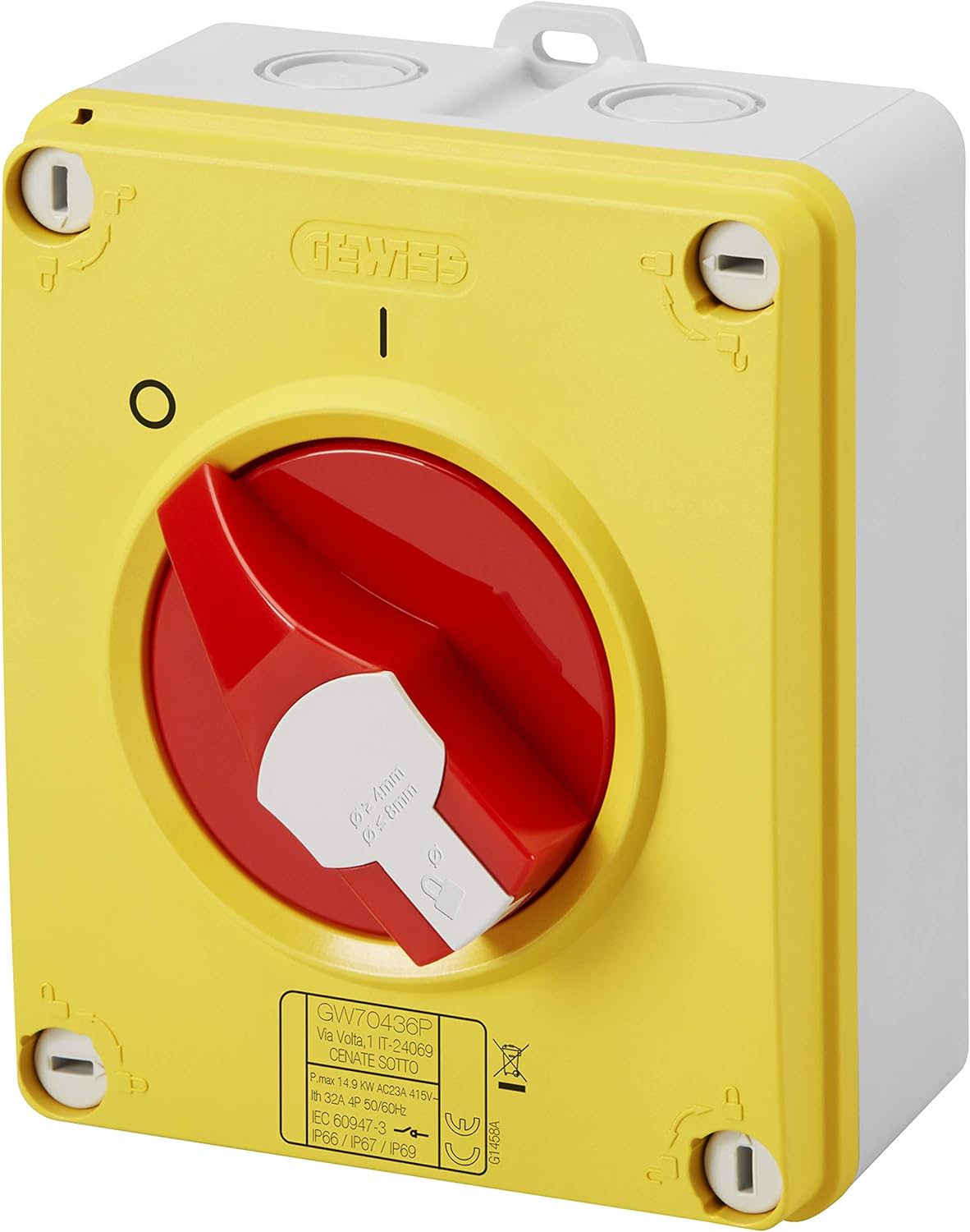 Switch - HP - Emergency - Insulated Housing - 32A 2P - Red Handle - IP66/67/69, Grey / Yellow / Red