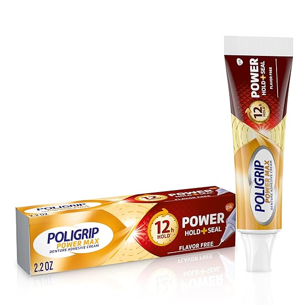 SUPER POLIGRIP POWER MAX POWER HOLD PLUS SEAL DENTURE ADHESIVE CREAM, DENTURE CREAM FOR SECURE HOLD AND FOOD SEAL, FLAVOR FREE – 2.2 OZ