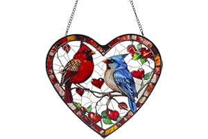ZZHAOYI Heart-Shaped Stained Glass Window Hanging, 7.9 in Cardinal & Blue Jay Birds Sun Catcher Indoor Window Decor, Colorful Glass Art Panel for Home, Garden, Valentine’s Gift
