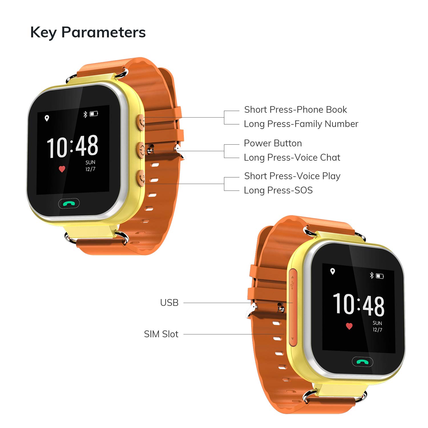 Wonbo Kids Smart Watch, GPS Phone Watch with SIM Slot SOS Call, Real-time Location Finder,Remote Monitor,Watch Remove Alert, Supports Android & iOS (Orange)