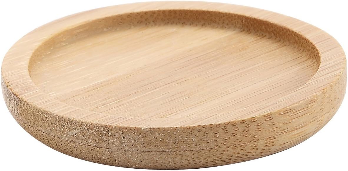 ComSaf 9CM Wooden Plant Pot Saucer Bamboo Tray Base - Round Sandy Beige, Durable and Lighweight Plate For Holding Small Succulent Planter Pot, Small Ornament Accessory, Candle and More