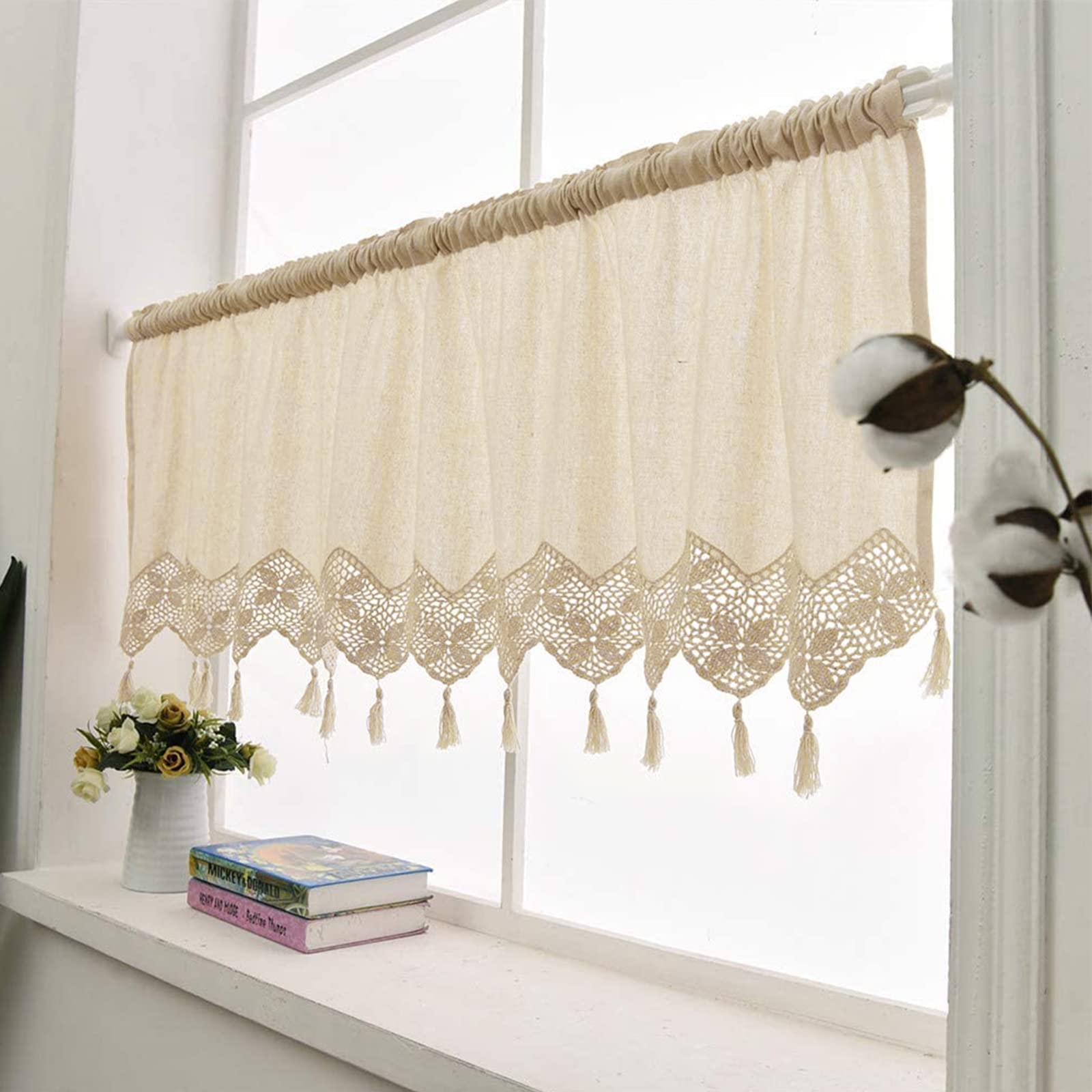 ZHH Linen Kitchen Curtain Hollow Crochet Lace Tassel Curtains, Natural Cotton European Rural Style Window Valance Cafe Curtain, 60x150cm