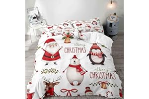 LUVIVIHOME VIVIHOME 3PCS Christmas Duvet Cover Full, White Duvet Cover, Boys Girls Kids Bedding, Cartoon Cute Santa Claus Deer Polar Bear Penguin Jingle Bell Xmas Comforter Bedspread Quilt Cover, 2 Pillow Shams
