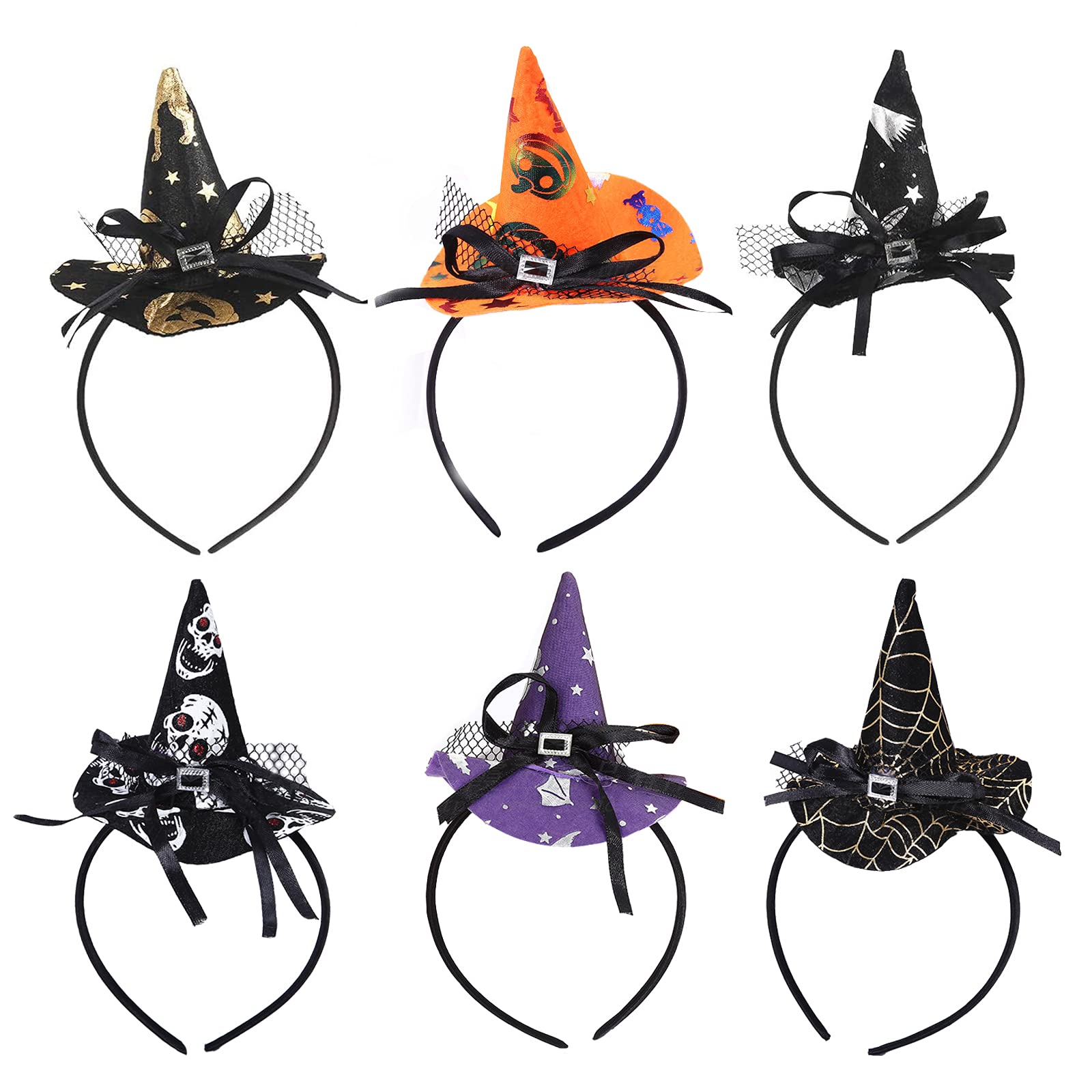 Eterspr 6 Pieces Witch Hat Headband, Halloween Headbands, Spider Skull Star Headpiece, Children's Women's Headpiece, for Halloween Decoration