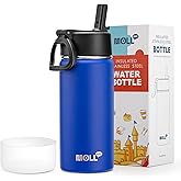 Mollcity 16 oz Water Bottle for Kids with Straw-Stainless Steel Double Wall Vacuum Insulated Wide Mouth Water Bottles for School, Leak-Proof Travel Water Flask(Navy)