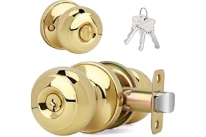 LOQRON Flat Ball Door Knob with Keys and Lock, Keyed Entry Round Design Doorknob for Front/Entrance Doors, Polished Brass Finish