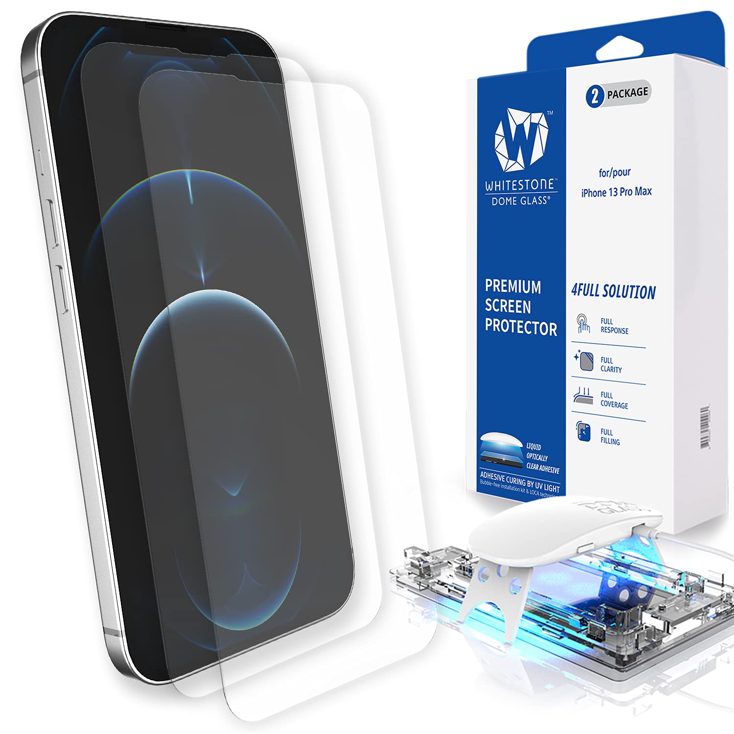 Whitestone Dome Glass Screen Protector for iPhone 13 pro max (6.7"), Full Tempered Glass Shield with Liquid Dispersion Tech [Easy to Install Kit] Smart Phone Screen Guard - 2pack