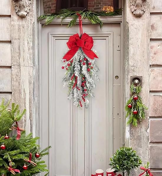 FLOROAD 28 INCH PRE-LIT CHRISTMAS TEARDROP SWAG, DECORATED WITH ARTIFICIAL FLOCKED PINE BRANCH RED BERRY WIRED BOWKNOT WHITE LED LIGHT, WHITE SNOWY CHRISTMAS DECORATION FOR FRONT DOOR OUTDOOR