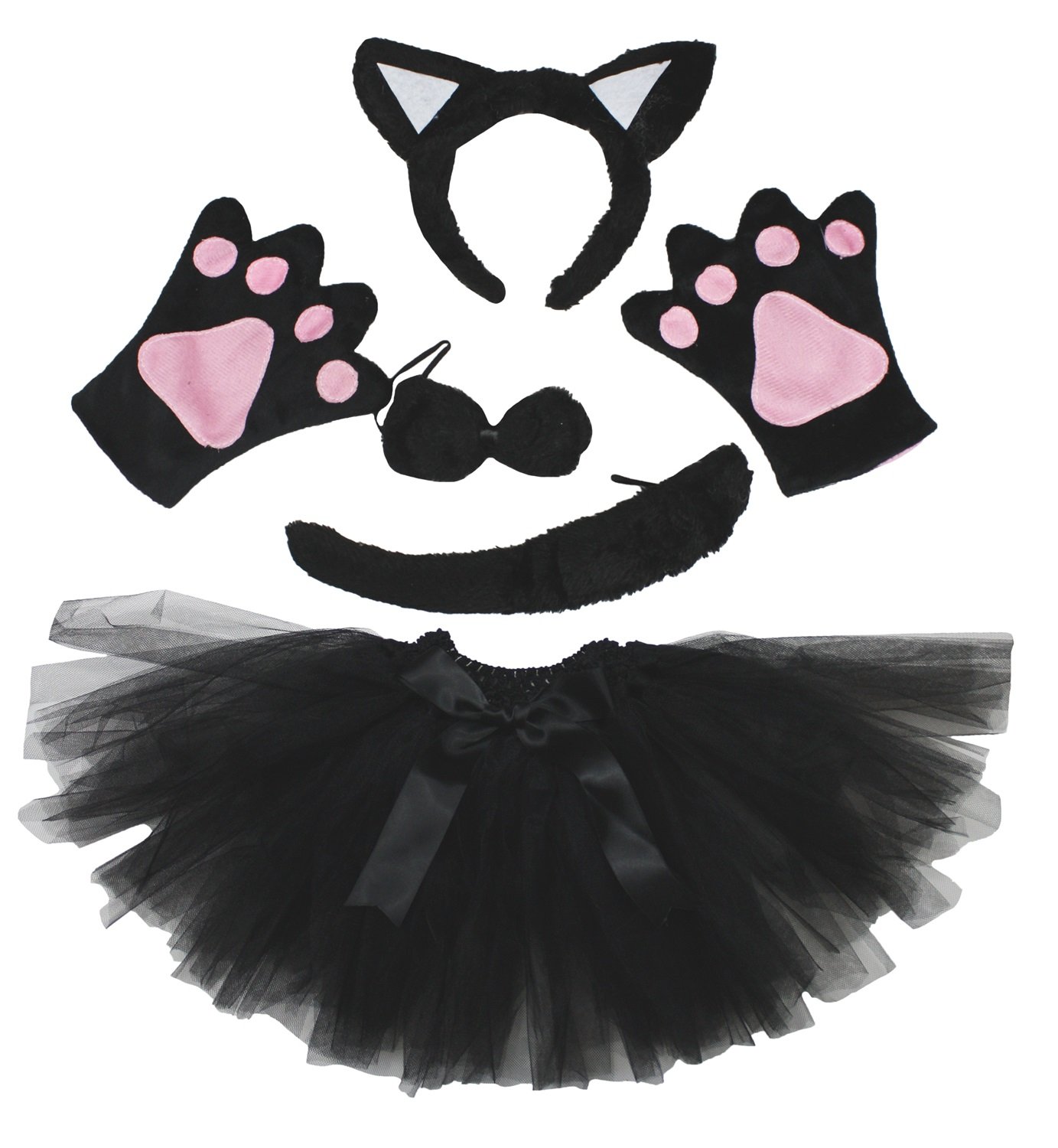 Petitebelle Cat Headband Bowtie Tail Gloves Tutu 5pc Girl Costume 1-10y (Black/White, 1-5 Years)