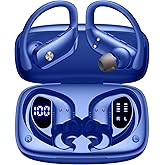 bmani Ear Buds Wireless Earbuds Bluetooth Headphones with 80H Playtime LED Display Case, Over-Ear Hook with Mic, Stereo Sound, Easy Button Controls, Sports Earphones for Running Workout Gym Blue