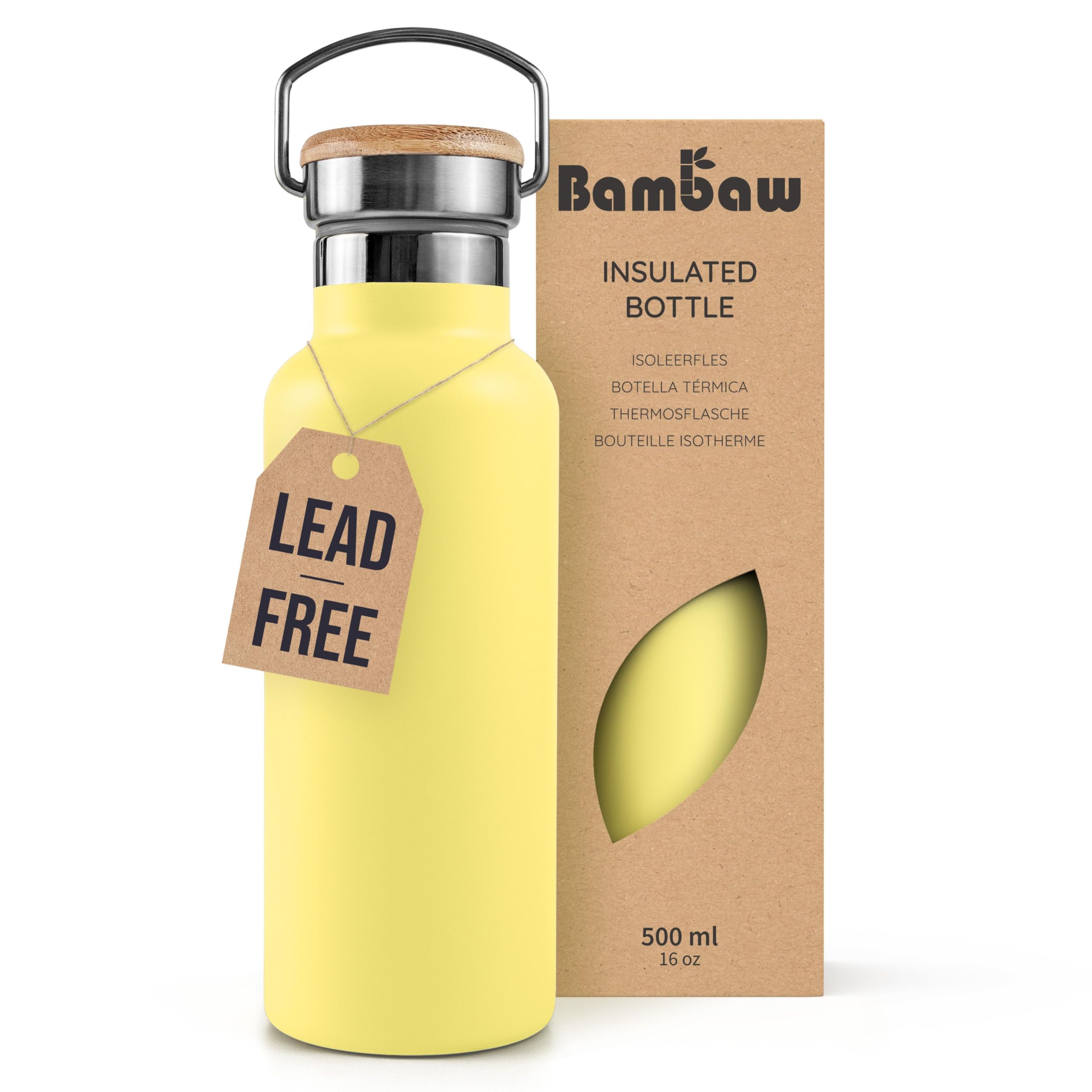 Bambaw Reusable Water Bottle Metal 500ml, for Hot & Cold Drinks, 500ml Insulated Water Bottle Metal, Double-Walled & Stainless-Steel, Leak-Proof, Lightweight & Easy to Carry (Yellow Beam)