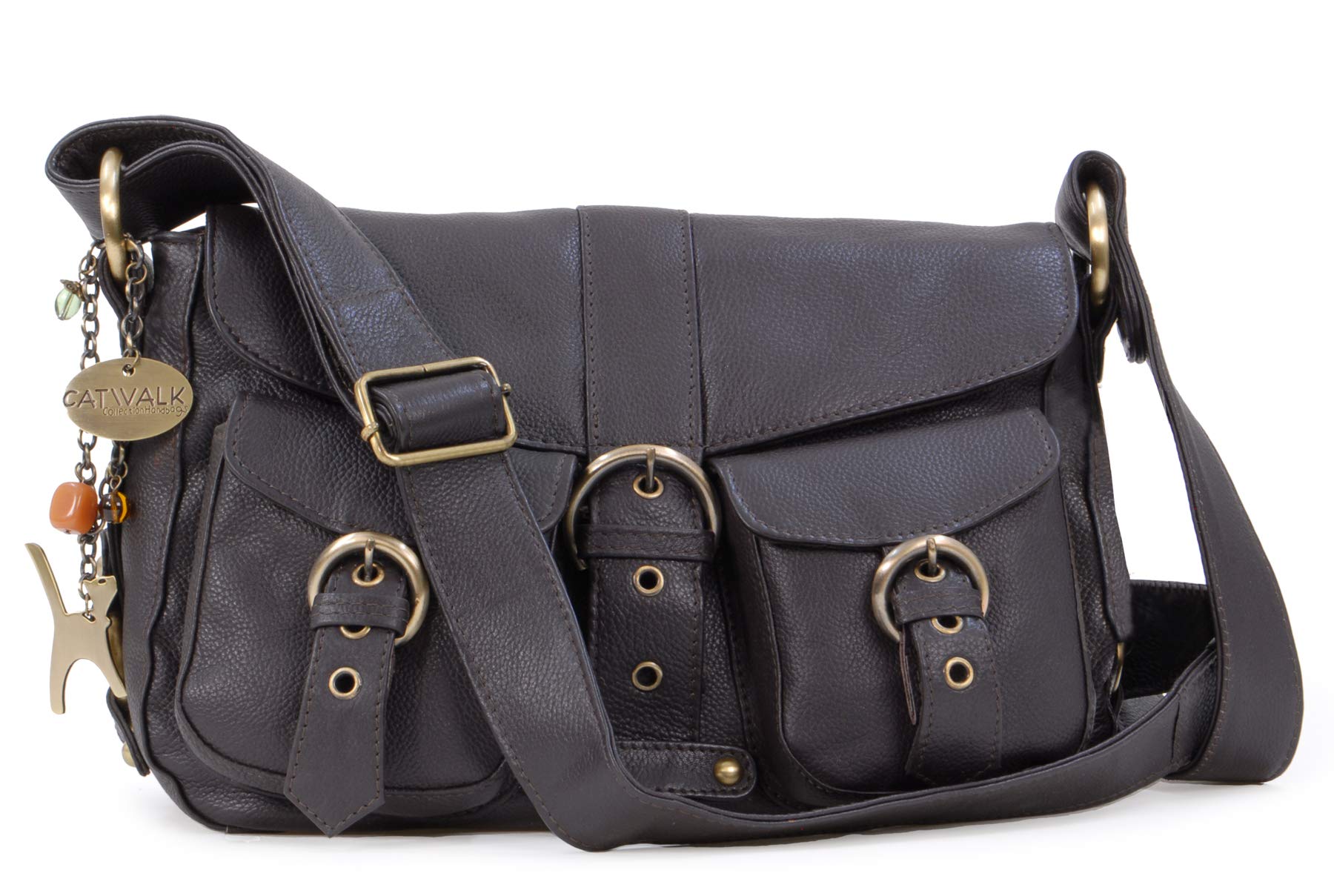 Catwalk Collection Handbags - Leather Cross Body Bag For Women - Medium Hobo Messenger Bag - Multiple Pockets - Louisa - Dark Brown