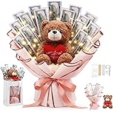 Mimorou Valentine's Day Money Bouquet Kit, DIY Money Flower Bouquet with Bear Wrapping Paper, Artificial Flower Gift for Valentine's Mother's Day, Anniversary, Engagement(Heart Bear,Pink Gold)
